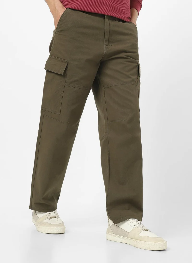 أوربانو فاشن Urbano Fashion Men's Olive Loose Baggy Fit Solid Cargo Chino Pant with 6 Pockets Non-Stretchable